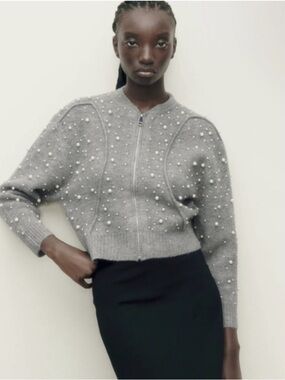 Zara Gray Pearl-Embellished Zip Cardigan